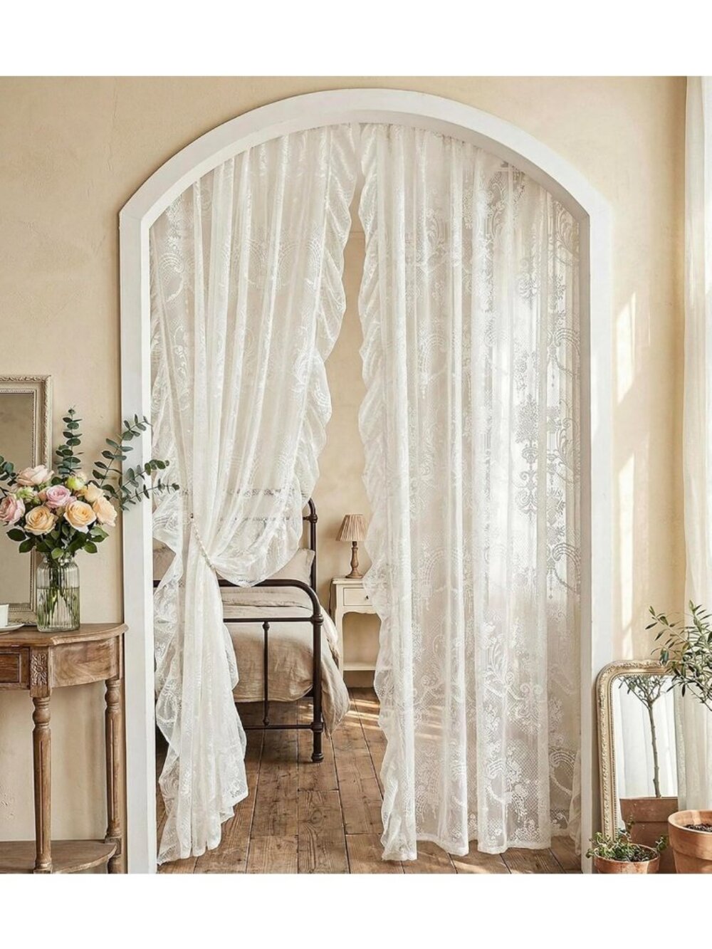 Sheer Lace Ruffle Curtains 84" Long | Vintage Boho Floral Drapes for Living Room